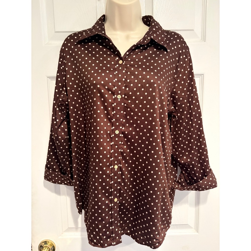 Lauren Ralph Lauren Brown Polka Dot Button Down Shirt 3/4 Sleeve Top